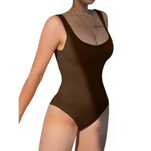 Ribbed scoop neck sleeveless bodysuit for women, solid brown fitted slim one-piece apparel.