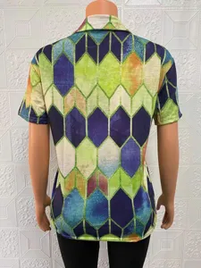 Summer women's short sleeve geometric print top casual V-neck colorblock t-shirt blouse