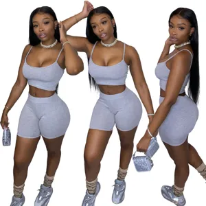 Set due pezzi grigio da donna crop top e pantaloncini da biker tuta sexy abbigliamento sportivo