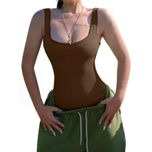 Detailed view of women's ribbed low-neck sleeveless tank bodysuit in brown color.