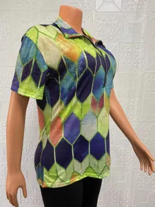 Plus size women short sleeve quarter zip v-neck geometric printed casual top t-shirt