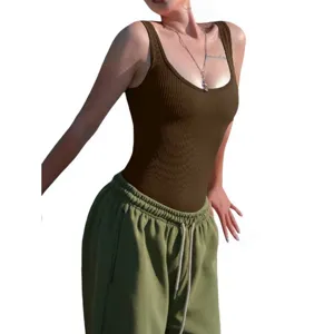 Women ribbed sleeveless scoop neck basic tank top bodysuit paired with green sweatpants stylish.