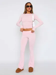Dames Casual Effen Kleur Crop Top En Lange Flare Broek Set Slim Fit Lange Mouw Outfit Streetwear Mode