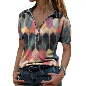 Plus Size Women's Casual V-Neck Short Sleeve Geometric Print T-Shirt Summer Loose Zipper Pullover Top