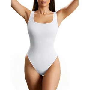 White ribbed sleeveless scoop neck basic bodysuit detail, soft fabric stretch fit layering top.