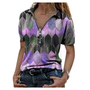 Women plus size short sleeve v-neck geometric print zip up top casual summer t-shirt