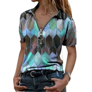 Plus size women summer short sleeve V-neck zip up top geometric color block casual t-shirt