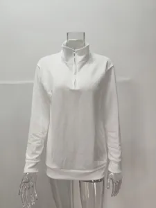 Heren wit lange mouw kwart rits fleece casual sweatshirt polo top detail weergave.