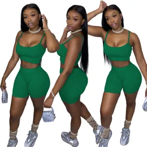 Set due pezzi crop top e pantaloncini da biker verdi da donna moda estiva casual