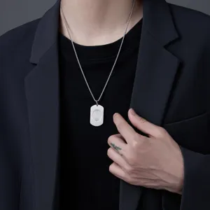 Collier pour Homme en Titane Pur avec Pendentif Empreinte Digitale Minimaliste Argent Géométrique Dog Tag