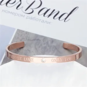 Roségoldener Titanstahl Armreif mit Gravur und funkelndem Zirkonstein für Damen elegant.