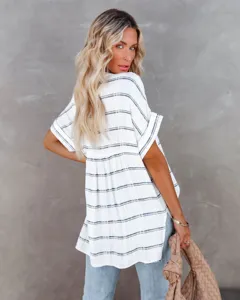 Women summer short sleeve loose striped blouse casual white button down shirt tops for daily.