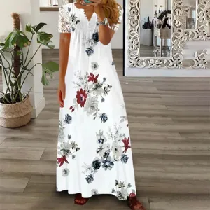 Women Summer Floral Print Maxi Dress Short Lace Sleeve V-Neck Casual Long Beach Dress