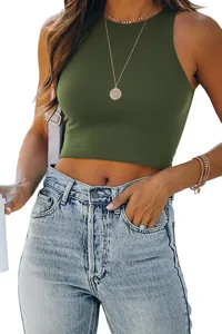 Close-up detail of the summer solid color sleeveless racerback crop top, showcasing slim fit.