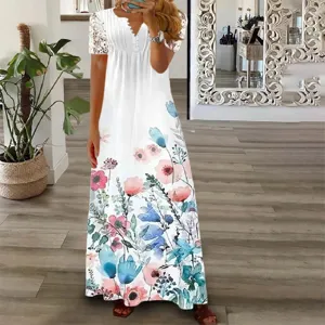 Elegant white short sleeve maxi dress with floral print and lace trim, perfect for summer.
