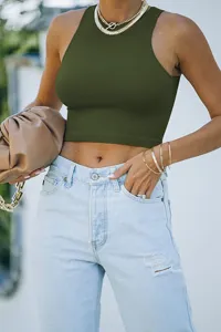 Women solid olive green sleeveless crew neck racerback tank top detail shot, summer fashion style.