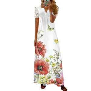 Women floral maxi dress summer short lace sleeve V-neck casual elegant long party dress