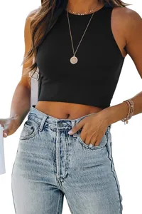 Solid black sleeveless round neck crop top detail view, women's summer casual basic tank shirt.