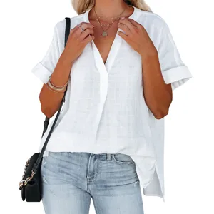 Women white short sleeve V-neck loose casual blouse summer fashion daily top wear.