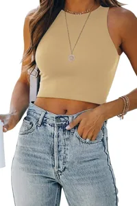 Detail view of women's solid color sleeveless crew neck crop top in beige, perfect for summer.