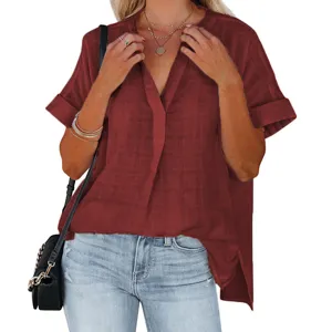 Casual summer women short sleeve V-neck loose blouse shirt top for daily wear and office.