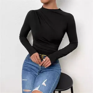 Black long sleeve ruched mock neck top slim fit basic tee for women summer casual wear