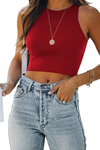Women's Summer Solid Color Sleeveless Crew Neck Racerback Crop Tank Top Casual Basic Shirt