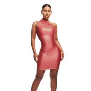 Close-up detail of the sexy one-shoulder sleeveless bodycon mini dress fabric and silhouette.