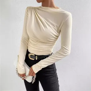 Elegant beige long sleeve draped top slim fit women casual round neck chic blouse