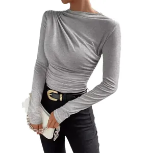 Women solid color crewneck slim fit long sleeve top with stylish side pleats design.