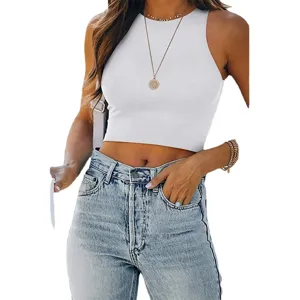 Summer solid color sleeveless crewneck crop tank top for women fashion casual wear