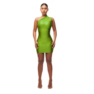 Detailed view of the stylish green one-shoulder sleeveless bodycon mini dress for women.