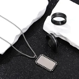 Heren titanium ring en ketting set minimalistische stijl zwarte steen hanger trendy sieraden