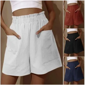 Damen Casual Hoher Bund Paperbag Bund Baumwollmischung Einfarbig Weites Bein Shorts Sommer Tägliche Tasche Shorts