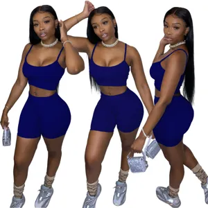 Set top corto e pantaloncini da biker blu royal da donna vestito sexy a due pezzi.