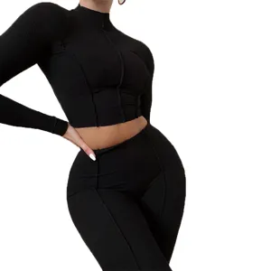 Women black two piece set long sleeve crop top high waist leggings slim fit casual outfit
