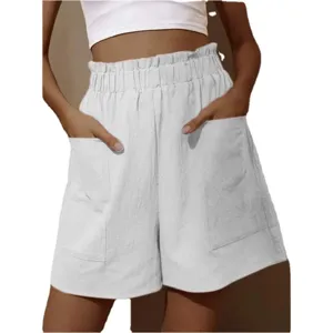 Damen Hohe Taille Baumwolle Leinen Paperbag Shorts lässig weite Bein Shorts mit Taschen