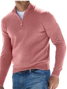 Heren Casual Lange Mouw V-Hals Wolmix Rits Poloshirt Herfst Mode Breiwerk Trui Effen Kleur Zakelijke Tops