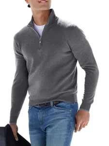 Heren casual lange mouw kwart rits gebreide trui grijs herfst mode stijlvol kleding top