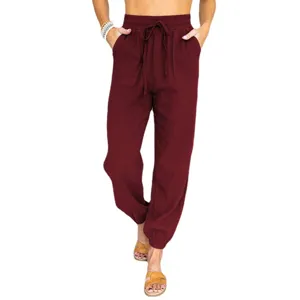Women high waist drawstring casual jogger pants solid color cropped sweatpants with pockets.