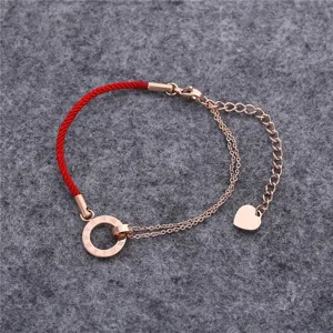 Roségold Titanstahl rotes Kordelarmband mit römischen Ziffern und Herzanhänger für Damen Mode.