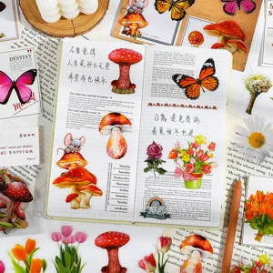 Wasserdichte PET Botanik Blume Pilz Schmetterling Tagebuch Aufkleber fuer kreative Bastelarbeiten.