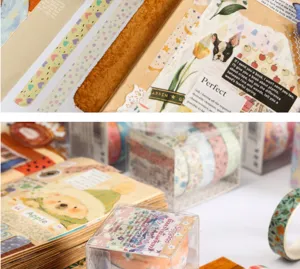 Vintage washi tape detail shot showing decorative journal stickers and patterned rolls for DIY craft.
