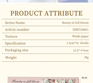 Vue detaillee de la table d'attributs du set de rubans adhesifs avec taille et specification.