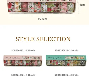 Vue détaillée des rubans adhésifs washi floraux vintage avec options et dimensions.