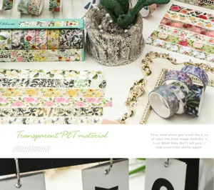 Vue rapprochée détaillée de rubans Washi PET à motifs floraux et botaniques riches.