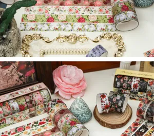 Set de ruban adhésif washi floral vintage, 15mm x 2m autocollants décoratifs pour carnet.