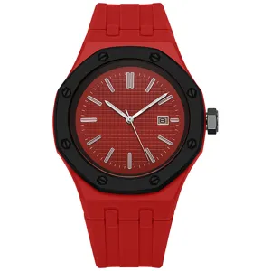 Modische Quarzarmbanduhr mit rotem Silikonarmband, markanter achteckiger Lünette und Zifferblatt.