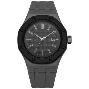 Unisex Quarzarmbanduhr mit oktogonaler Lünette und grauem Silikonarmband für den Alltag.