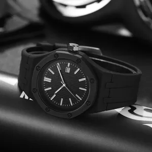 Schwarze oktogonale Quarzuhr mit Silikonarmband, strukturiertes Zifferblatt, modische Unisex-Uhr.
